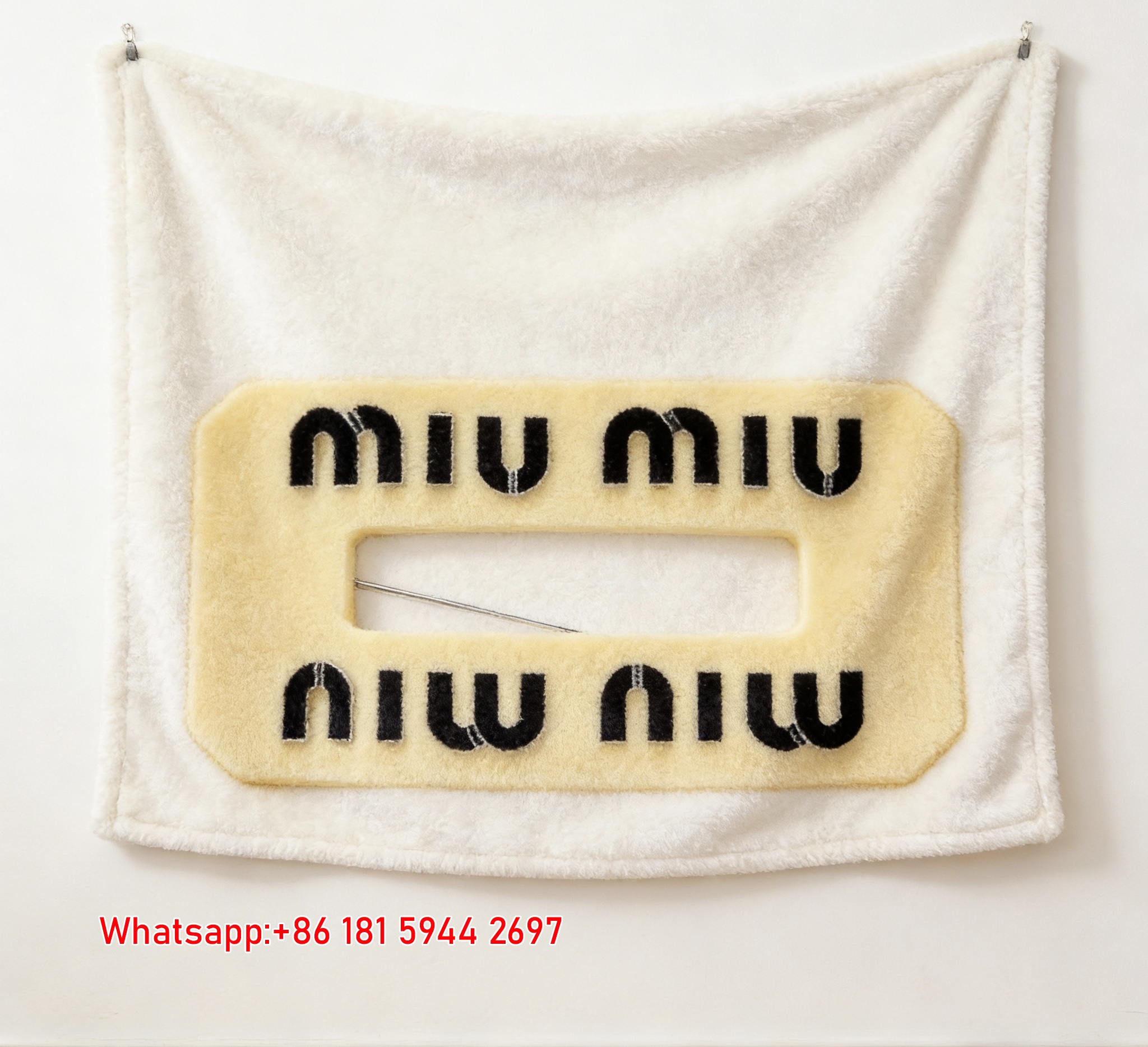 Miumiu Cream Yellow Black Logo Flannel Sofa Throw Blanket – Printed Brooch Design IMG_0567